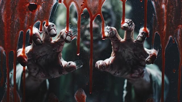 Blood drips down a window as decayed hands reach through