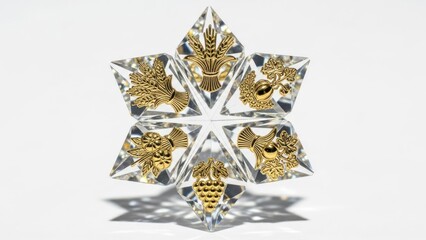 Close-up of a gold and crystal ornament on a white background with soft shadow.