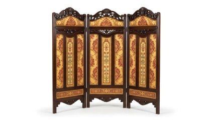 Three-panel wooden room divider with intricate carvings and ornate yellow, orange, and