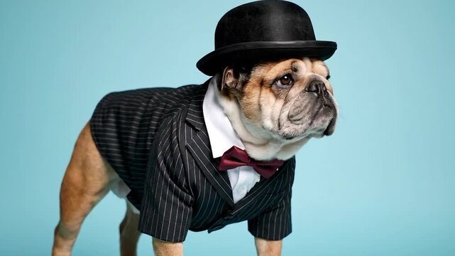 Pinstripe-suited bulldog in bowler hat with burgundy bow tie