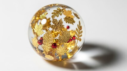 Close-up of a decorative glass paperweight with golden leaves and red berries on a white