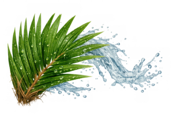 Green palm leaf covered in water droplets with a refreshing splash, symbolizing tropical freshness and pure hydration