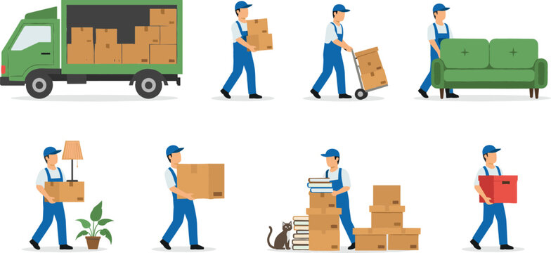 Professional moving service characters set with delivery truck movers carrying cardboard boxes furniture and home decor flat vector illustration