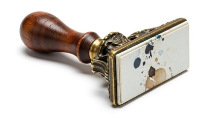 Close-up of a rubber stamp with a wooden handle and abstract design on a white background.