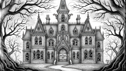 Haunted gothic mansion sketch with creepy trees and broken windows art