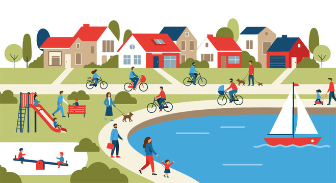 Flat design vector illustration of a vibrant suburban neighborhood community park with a lake sailboat playground and people cycling