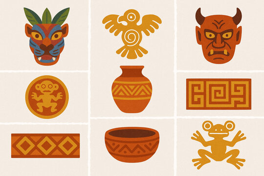 Costa Rican Indigenous Culture Icon Grid with Ancestral Symbols and Textured Vector Style