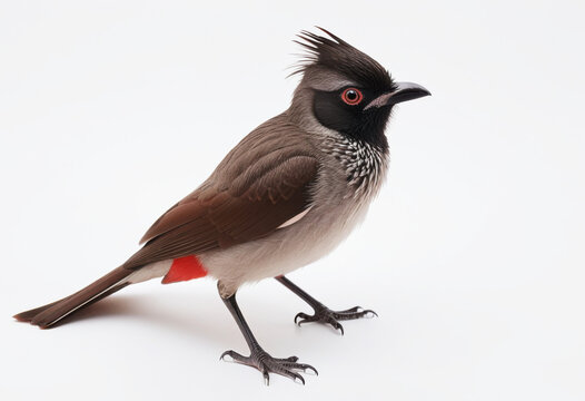 Asian bird, Red-vented Bulbul, with dark feathers and black crest, white background