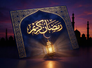 Arabic Calligraphy Golden Lantern Mosque Crescent Moon Night Sky Luxury Greeting Card Sustainable Design Illustration Modern Islamic Art Ramadan Mubarak "رمضان كريم" Typography