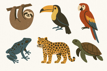 Obraz premium Costa Rican Wildlife Icon Grid with Tropical Animals in Textured Vector Style