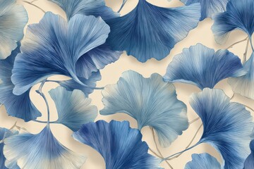 Serene Blue Foliage Pattern - Elegant Botanical Design with Overlapping Leaves on Cream Background.