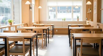 Obraz premium Bright and Inviting Modern Cafe Interior with Wooden Tables and Chairs, Bathed in Natural Daylight, Ready for Business and Guests