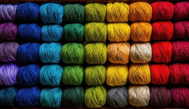 Vibrant Rainbow Yarn Skeins Neatly Arranged in Rows, a Colorful Spectrum for Textile Crafting and Artistic Projects.
