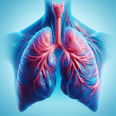 3d rendered illustration of male anatomy - respiratory tract. plain blue background. professional studio lighting. anterior view