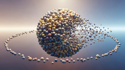 Large cluster of multicolored spheres exploding outward from a central mass into a gradient background creating a dynamic visual effect
