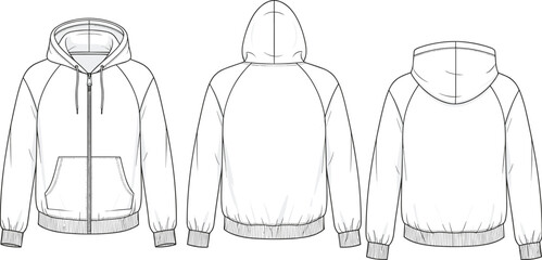 zip up hoodie technical fashion illustration, front back side view, hooded sweatshirt design, full zipper, flat vector outline, apparel template © Mdmostakim