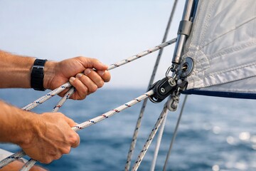 Hands adjusting sail ropes on boat in ocean illustrate sailing technique and sea adventure concept of nautical skill precision outdoor activity maritime exploration