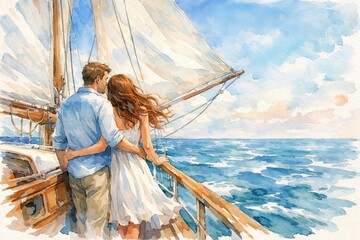 Romantic couple sailing on ocean in watercolor illustration embracing on yacht deck with stunning sea view. concept of love, adventure, ocean journey, romantic getaway
