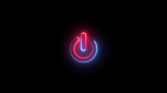 Neon Power button icon animation glowing red and blue color shutdown switch screen turn on off button computer mobile phone startup stop sign closed icon on black background