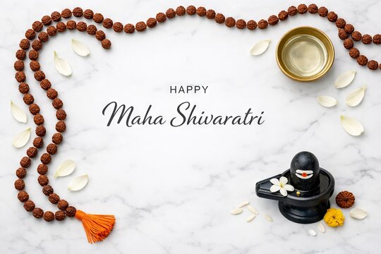 Happy maha shivaratri celebration with shivling, rudraksha mala, and floral decor on marble background. concept of hindu festival, spiritual devotion, cultural tradition, Maha Shivaratri greeting card