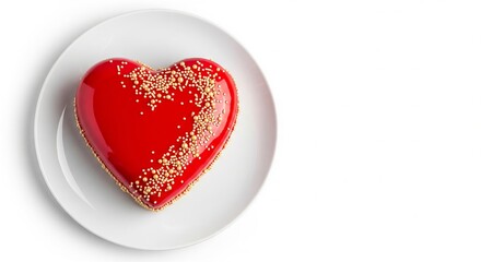 Red heart shape cake with golden sprinkles on white plate. Sweet dessert for Valentine, anniversary, wedding, or romantic celebration, copy space
