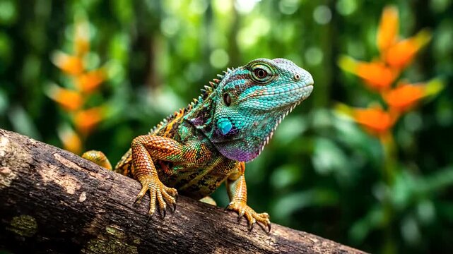 Beautiful closeup shot of a colorful lizard on a tree branch in nature.