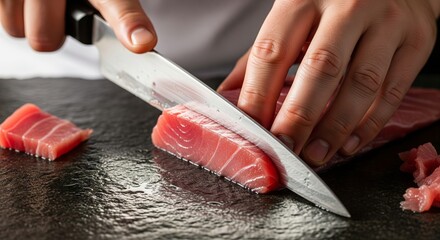 Close-up of fresh tuna being sliced on a dark surface by a person in a kitchen setting. concept of culinary preparation, seafood cuisine, professional cooking.