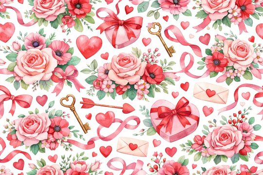 Watercolor valentine's day seamless pattern with hearts, roses, keys, gift boxes, and romantic letters on white background. concept of love, romance, celebration, floral decoration.