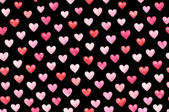 Watercolor valentine's day heart pattern illustration with red and pink hearts isolated on black. concept of romance, love celebration, festive background design.
