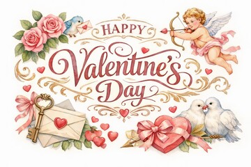 Fototapeta premium Romantic valentine's day illustration with cupid, roses, and love symbols for greeting card design. concept of romantic celebration, love message, valentines gift.