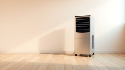 A sleek air conditioner standing alone in a minimalist room with natural light