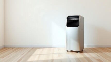 A sleek air conditioner standing alone in a minimalist room with natural light