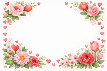 Watercolor valentine's day floral frame with pink roses, tulips, and daisies surrounded by red hearts. concept of romantic decor, love celebration, floral decoration, copy space