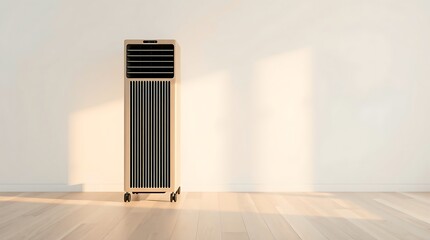 A sleek air conditioner standing alone in a minimalist room with natural light