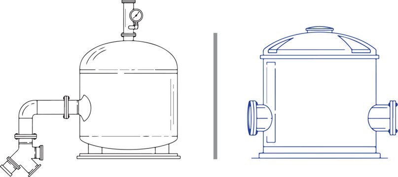 Technical line drawings of industrial filtration tanks. Left: tank with a pressure gauge and piping. Right: blue-lined pool or water filter vessel. Separated by a central vertical line.