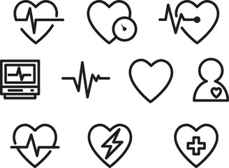 Black and white medical heart with ecg lines and symbols