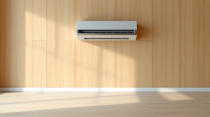 A sleek air conditioner standing alone in a minimalist room with natural light