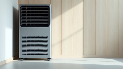A sleek air conditioner standing alone in a minimalist room with natural light