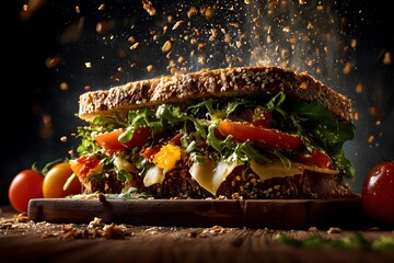 Ultra realistic photo of delicious sandwich with fresh vegetables and melting cheese on wooden board