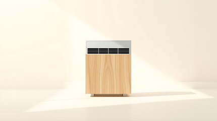 A sleek air conditioner standing alone in a minimalist room with natural light
