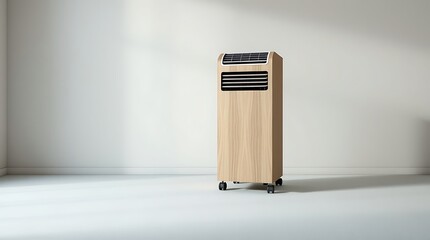 A sleek air conditioner standing alone in a minimalist room with natural light