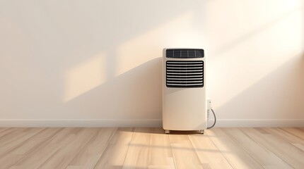 A sleek air conditioner standing alone in a minimalist room with natural light