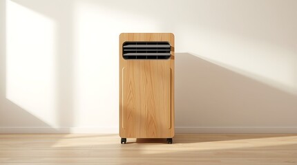 A sleek air conditioner standing alone in a minimalist room with natural light