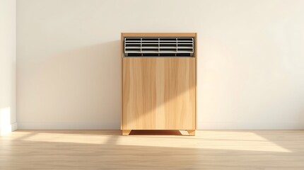 A sleek air conditioner standing alone in a minimalist room with natural light