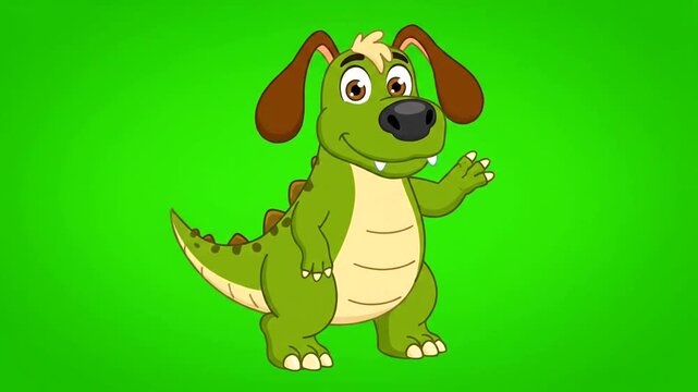 Cartoon DogDinosaur Hybrid Character on Green Background Smiling and Waving.