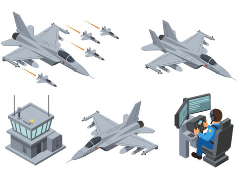 Isometric Military Fighter Jets Squadron with Air Traffic Control Tower and Pilot Illustration Vector
