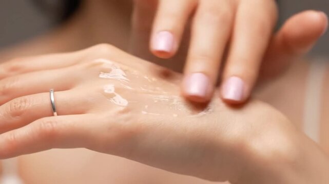 Delicate hands applying a creamy substance, revealing soft skin