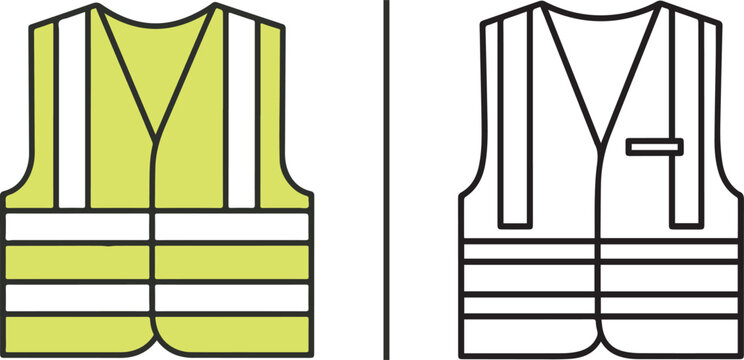 High-visibility safety vests in lime yellow and black-and-white line art. Vector icons representing industrial protective workwear, construction safety gear, and emergency responder apparel.