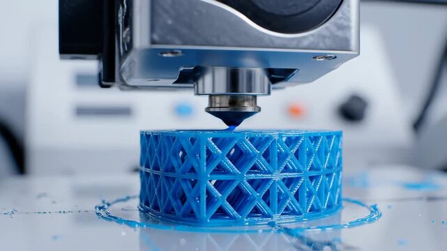 Close-up view of a modern 3D printer actively extruding vibrant blue plastic filament to construct an intricate geometric object, showcasing advanced additive manufacturing technology and rapid proto.
