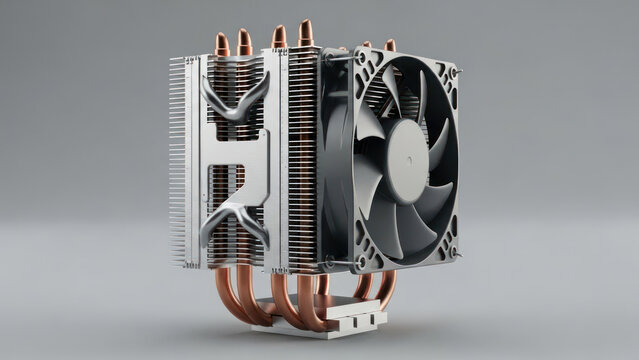High-angle close-up of a computer CPU cooler with copper heatpipes and a fan on a gray